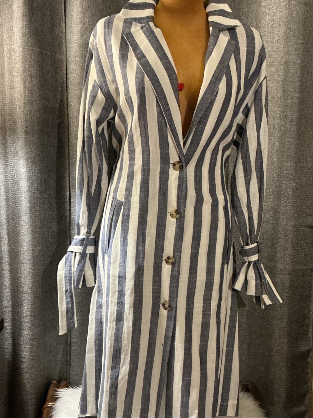 J.O.A. Navy & White Vertical Stripe Long Sleeve Button Dress